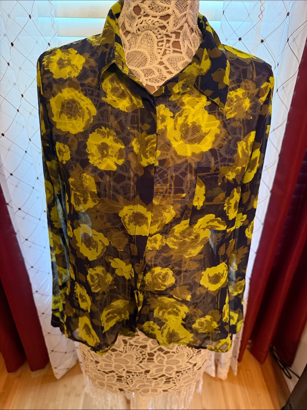 love, Fire Yellow Floral Sheer Button-Down Blouse (122)